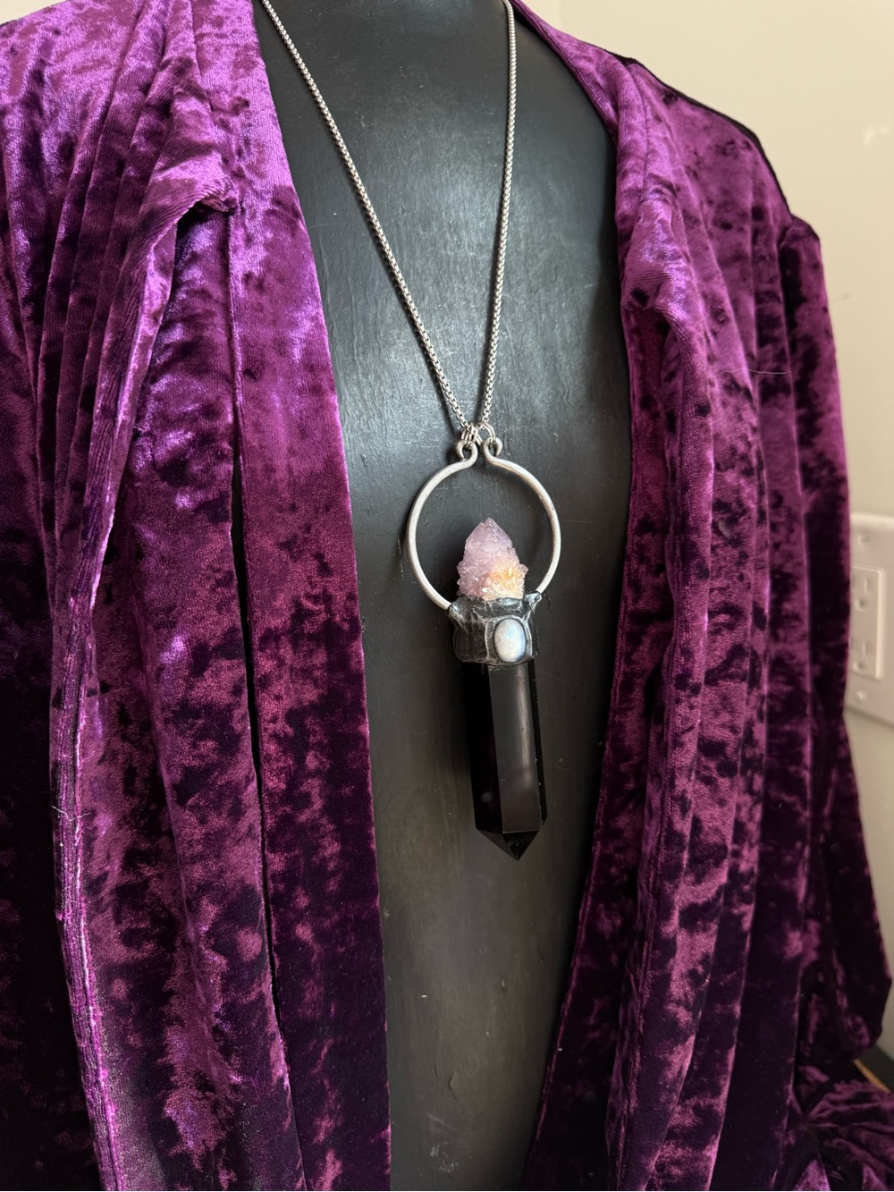 Obsidian amethyst spirit quartz moonstone crystal necklace pendant statement